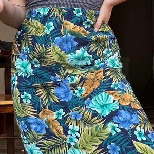 Hawaiian Blue Toned Midi Skirt w/ Small Slit